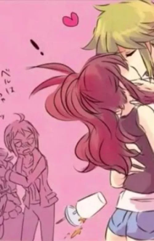 LF Color Source: kiss, n_(pokemon), hilda_(pokemon), drink, green_hair, spilled_drink, ponytail, cheren_(pokemon), bianca_(pokemon), blush, antenna_hair, shirt, short_shorts, shorts, sidelocks, blue_shorts, pokemon, eyes_closed, denim, denim shorts, long