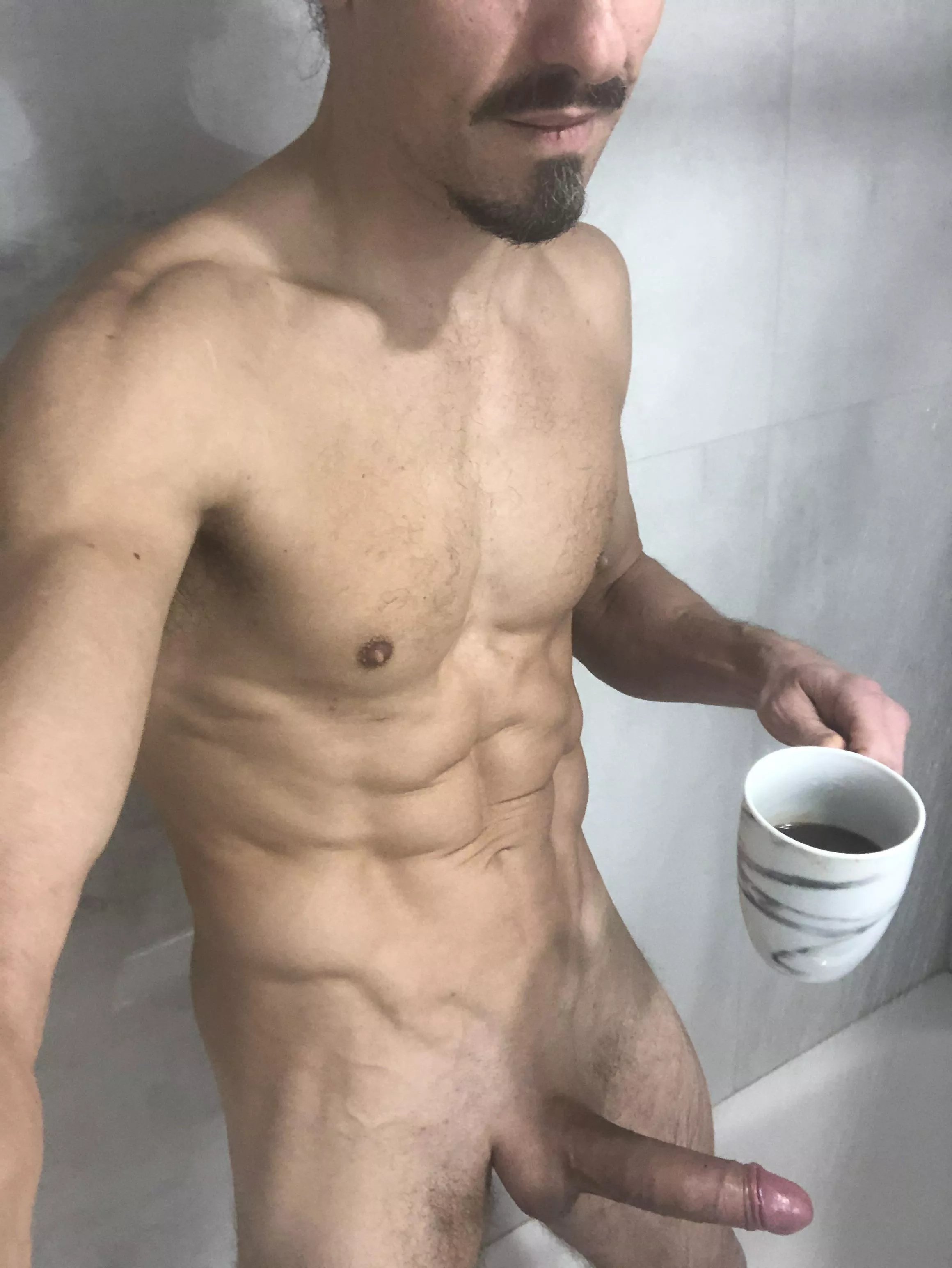 Stretches, workout, shower, coffee!