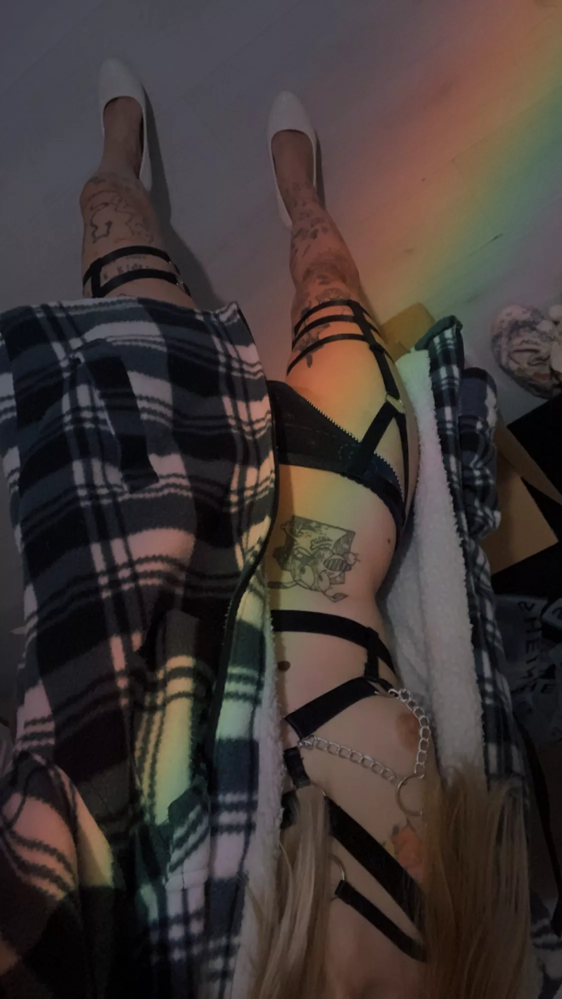 White heels and thong. Would you take it off me?