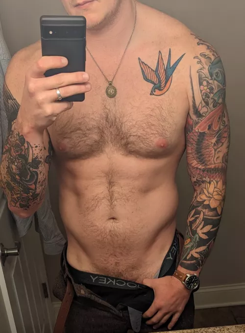 Help me slip out of these suit pants so I can slip into something more comfortable?