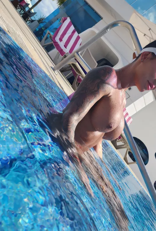 Just at the pool waiting for the guys to bring me back the drinks and dicks