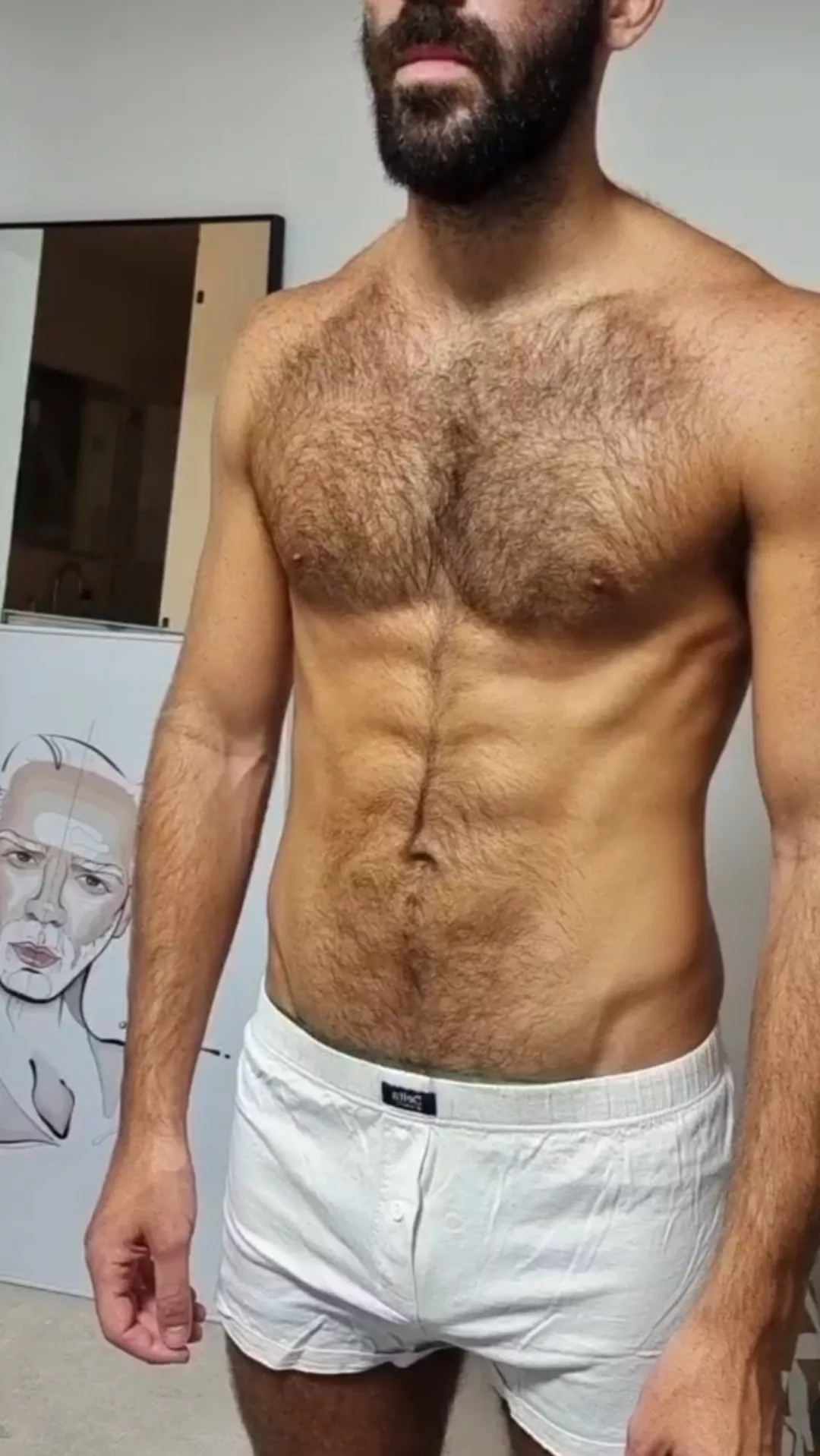 White boxers and hairy chest.
