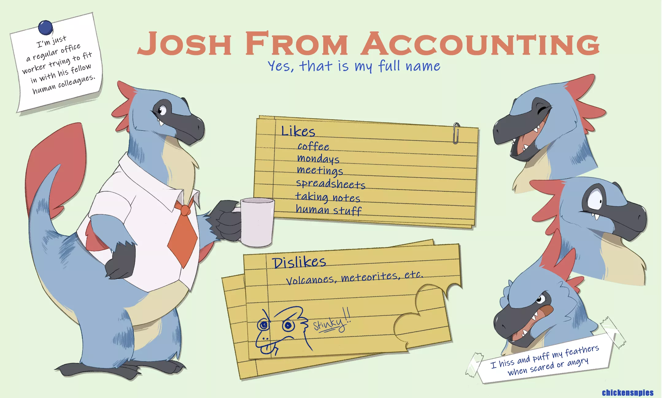 This guy shows up at your IRL job and claims that he is a fellow human coworker that works here as an accountant, but nobody knows him. He's good at it so the boss leave him be. What do you do? (art by me @chickensnpies1 on twitter) This guy shows up at your IRL job and claims that he is a fellow human coworker that works here as an accountant, but nobody knows him. He's good at it so the boss leave him be. What do you do? (art by me @chickensnpies1 on twitter)