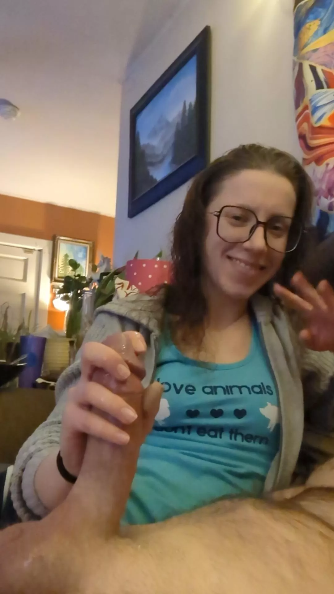 Waving goodbye while holding a cum covered cock 😈