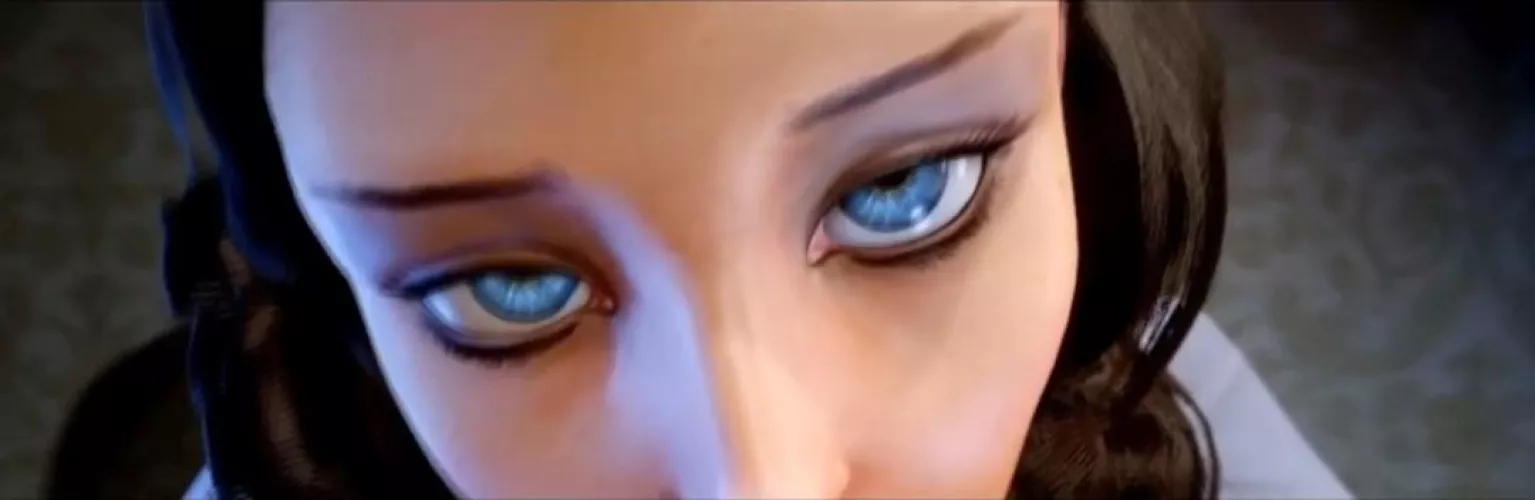 LF Color Source: 1girl, 1boy, 3D, animated, blowjob, blue eyes, looking at viewer, dark hair, clothed, grey shirt, on knees.