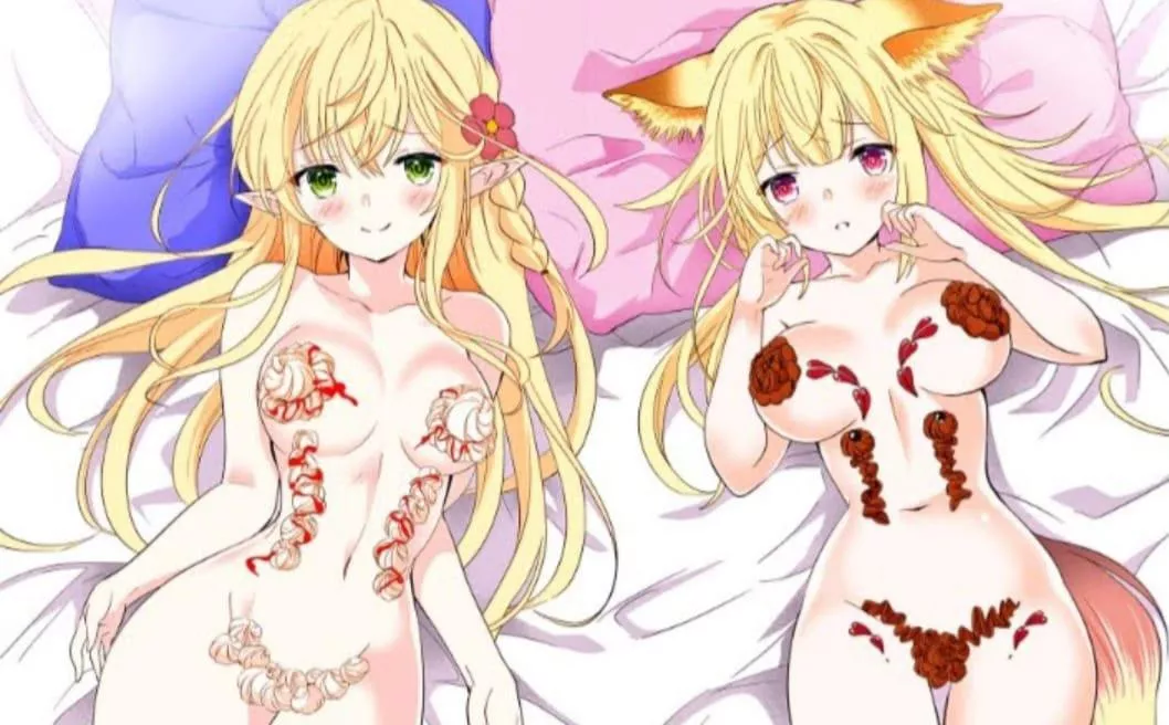 LF Color Source: 2girls, long hair, blonde hair, green eyes, red eyes, animal ears, elf ears, flower