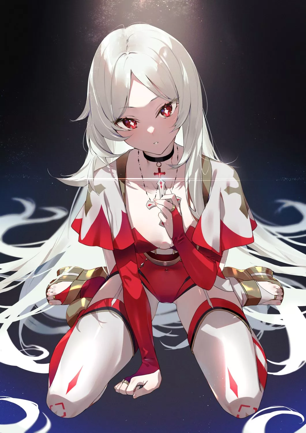 The holy light shining over her and the cross