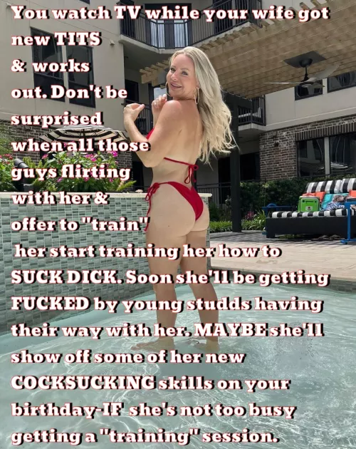 Your MILF wife hits the gym while you watch TV. Donâ€™t be surprised when the gym guys go from training her to flirting to FUCKING her senseless. Donâ€™t be mad. Maybe, on your birthday, sheâ€™ll show you some of her new skills and hot new body. If sheâ€