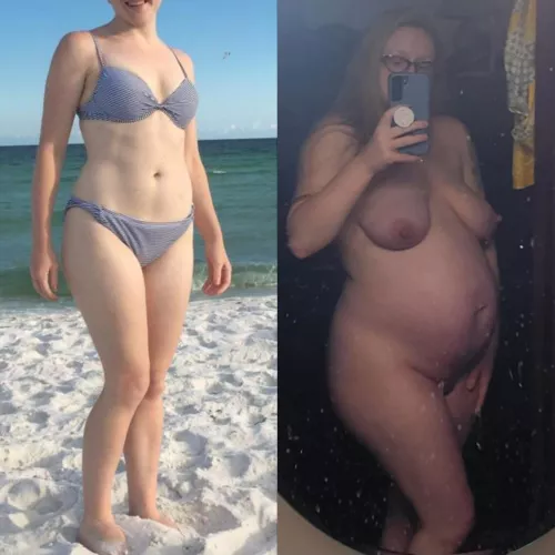 before and after getting knocked up. wish I could be naked on a beach🥰