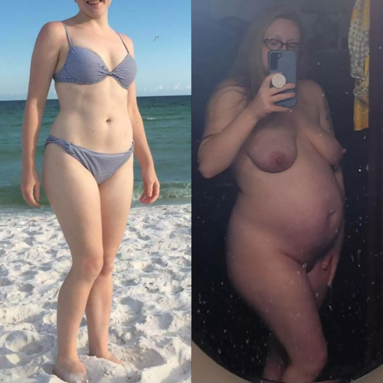 before and after getting knocked up. wish I could be naked on a beach🥰