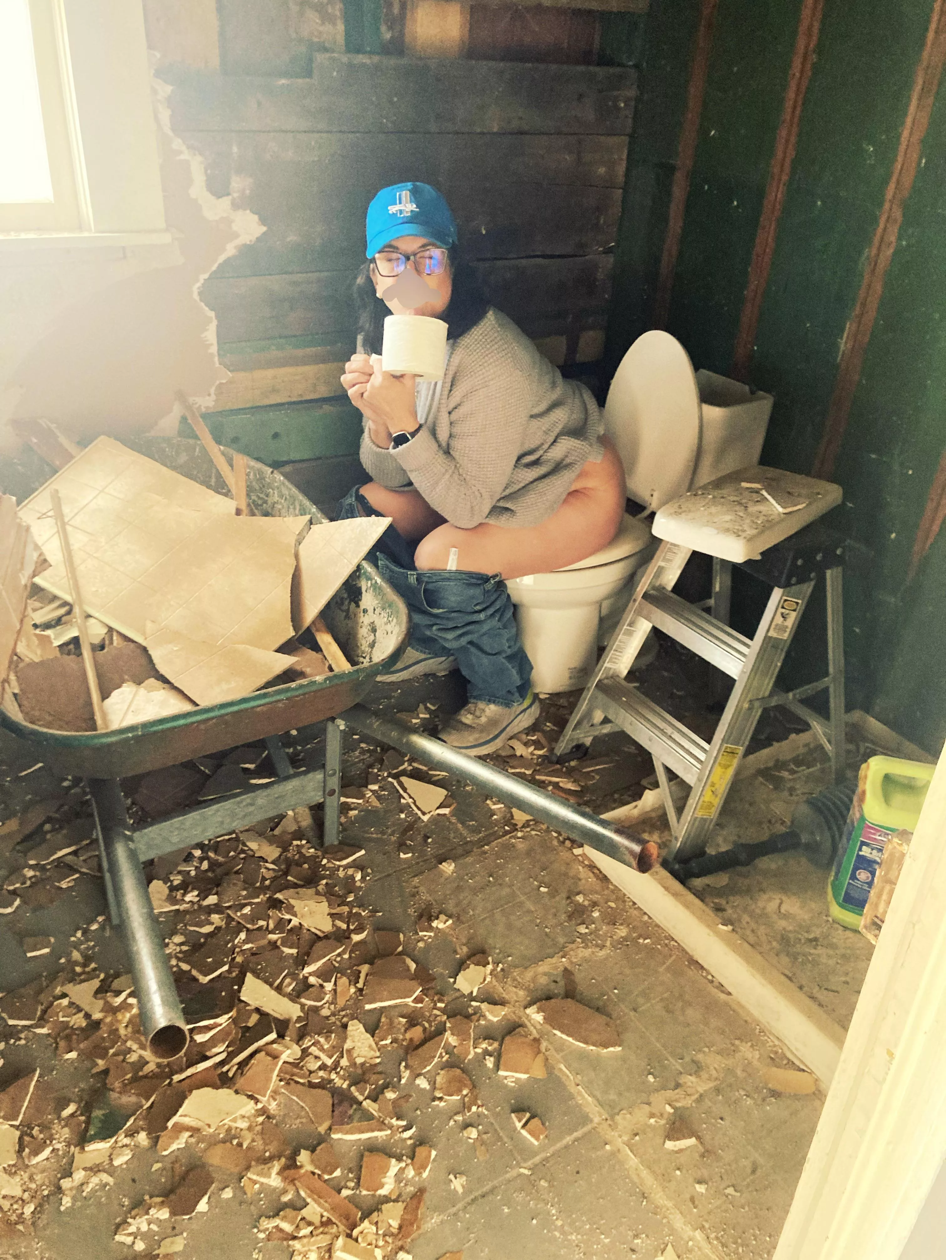 Dirty demo gal still using the toilet be[f]ore removal