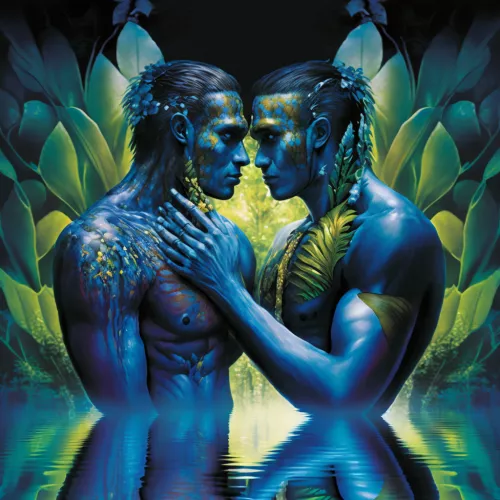 Two Na'vi men find love on Pandora (ai art)