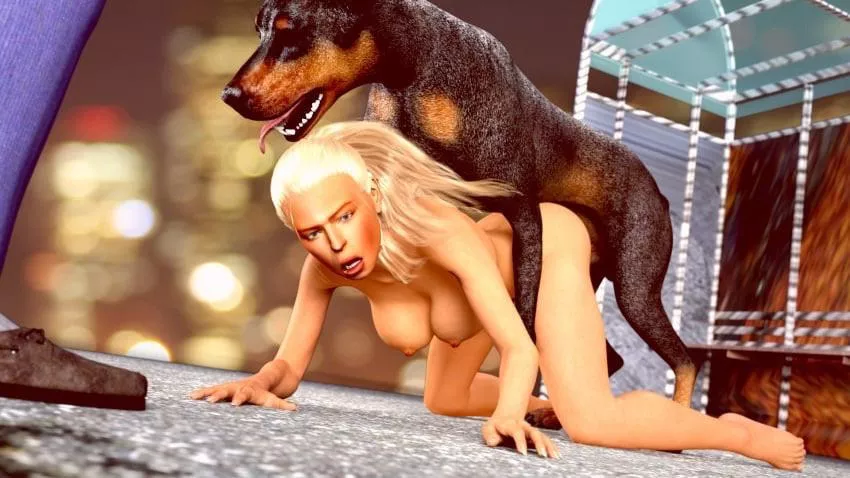 Busty blonde babe used by a dog and watched (Jollybizz)