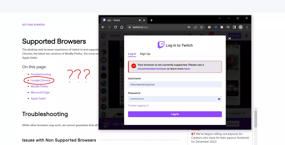 Can't log in to my twitch account: unsupported browser?? I've cleared caches, cookies, browser history, I've tried everything