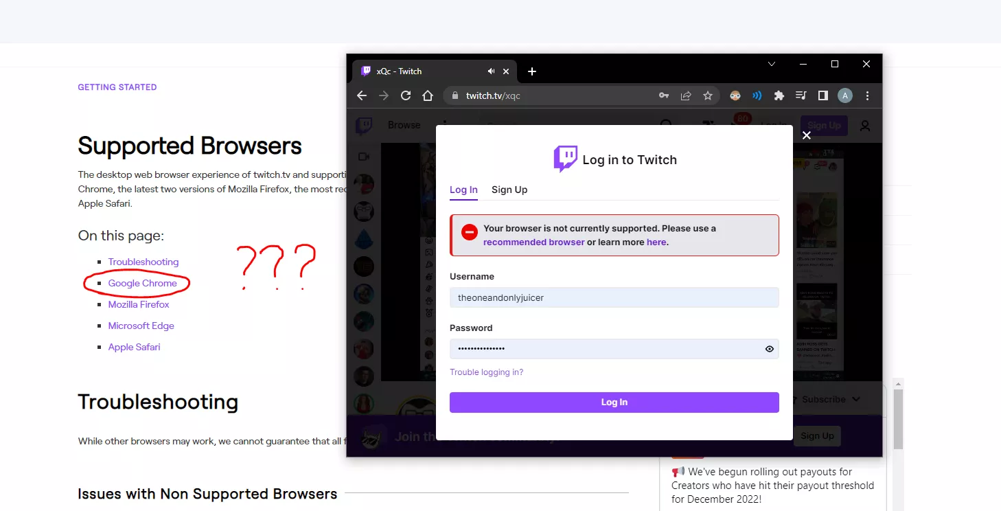 Can't log in to my twitch account: unsupported browser?? I've cleared caches, cookies, browser history, I've tried everything