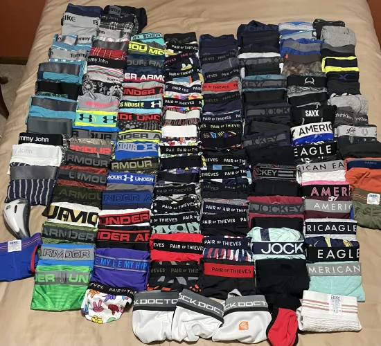 Do I have enough? 32 Pair of Thieves, 26 UA, 17 Jockey, 16 Tommy John, 8 AE, 2 Cinch, 1 each of Saxx, 2Undr, Ariat, Mack Weldon, Stance, Bike boxer briefs. I have swapped with guys for 2 Hanes, 2 FoL, 1 Lucky, 1 Calvin Klein, 1 Champion, 1 Jockey, 1 Staf