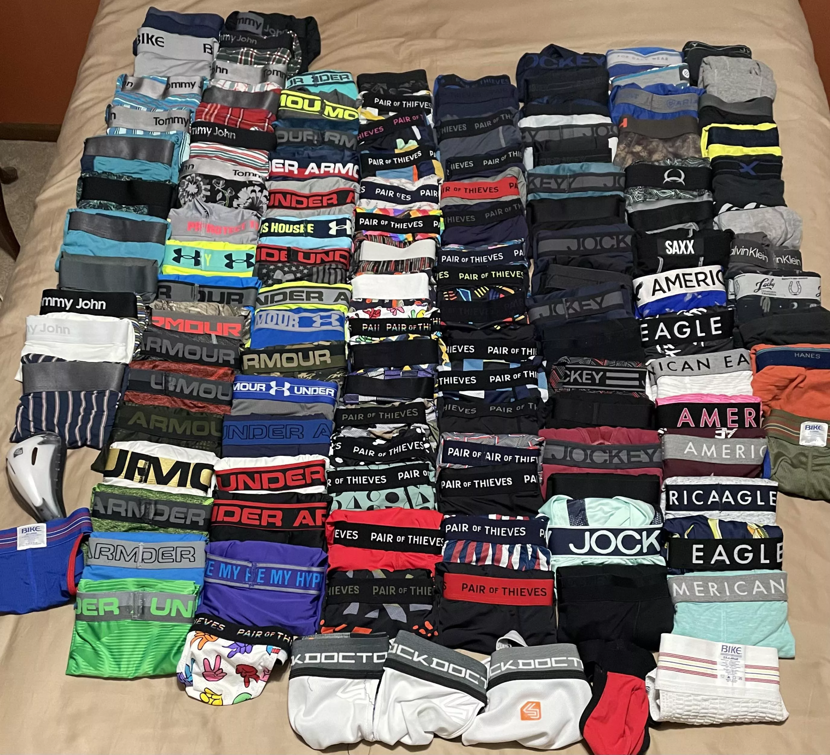 Do I have enough? 32 Pair of Thieves, 26 UA, 17 Jockey, 16 Tommy John, 8 AE, 2 Cinch, 1 each of Saxx, 2Undr, Ariat, Mack Weldon, Stance, Bike boxer briefs. I have swapped with guys for 2 Hanes, 2 FoL, 1 Lucky, 1 Calvin Klein, 1 Champion, 1 Jockey, 1 Staf