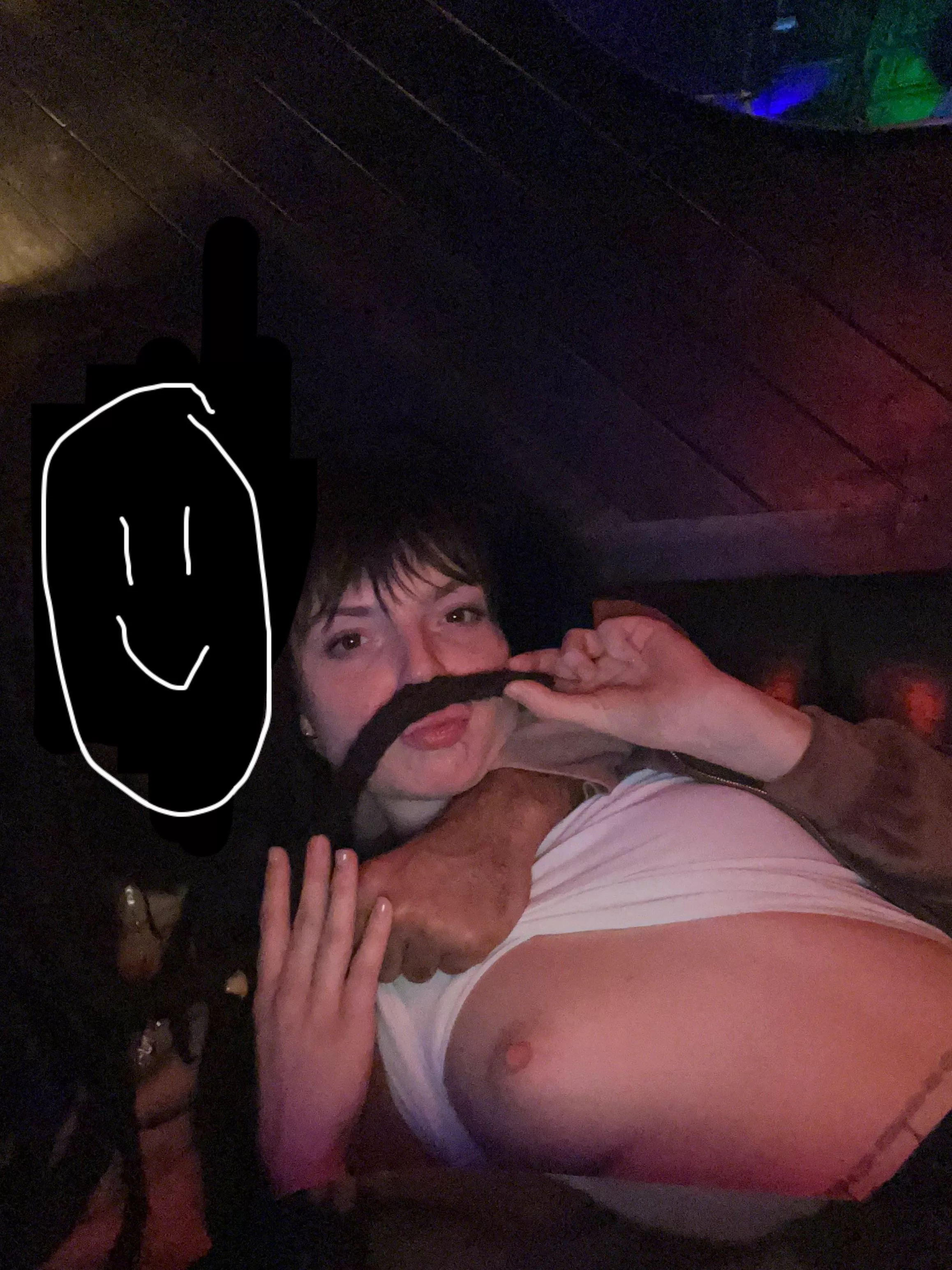 He bought me a drink and I told him to suck my titties. We got caught [F]