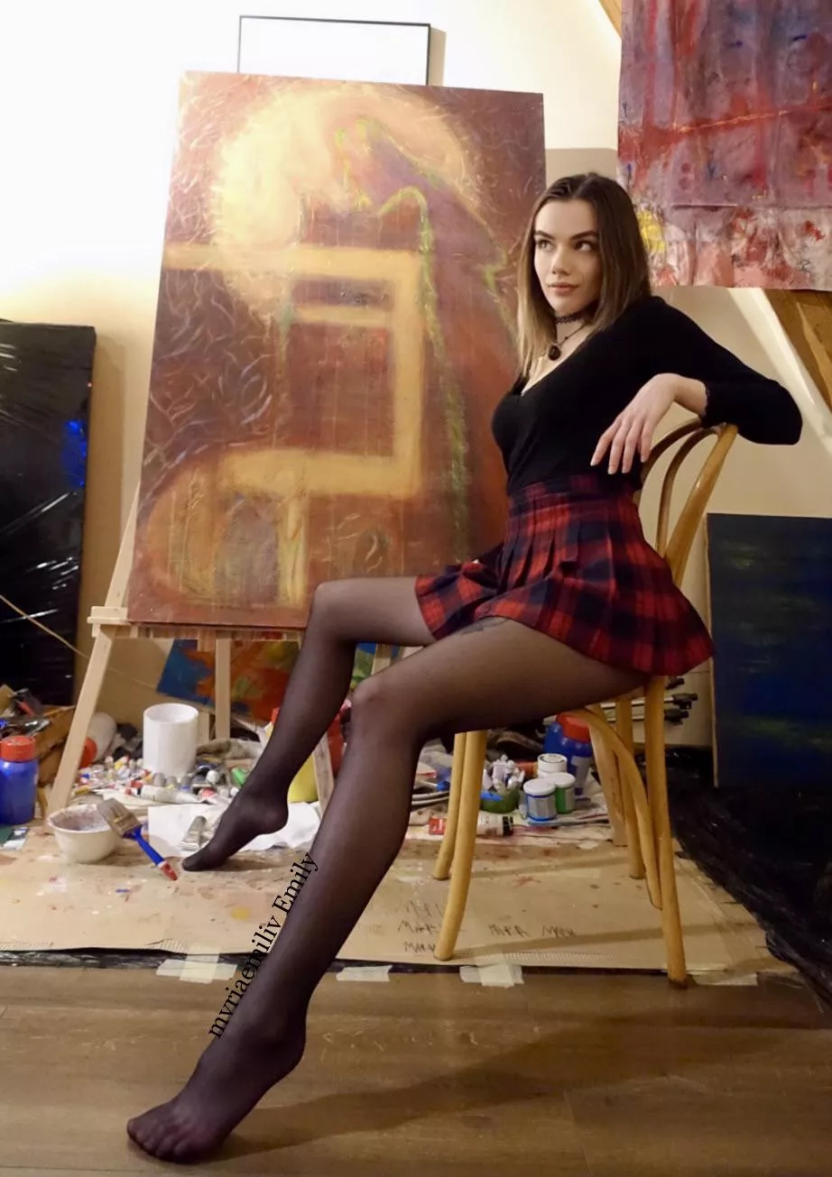 Black pantyhose, red schoolgirl skirt, red painting of mine