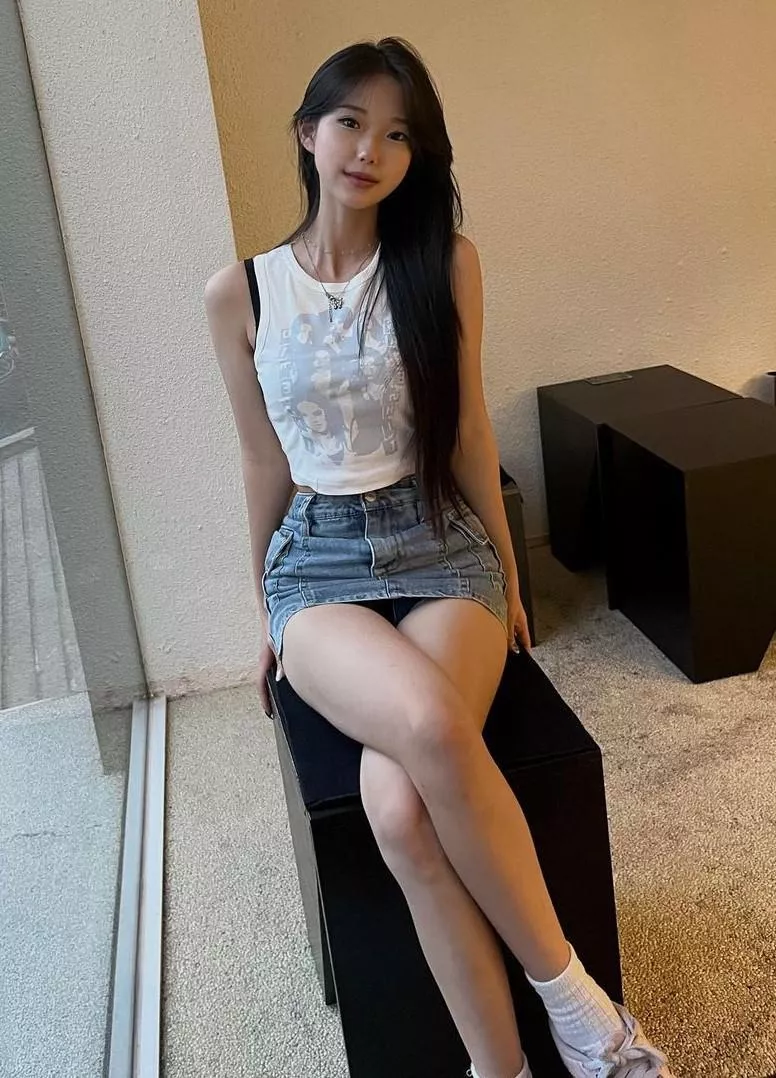Cute in a denim skirt