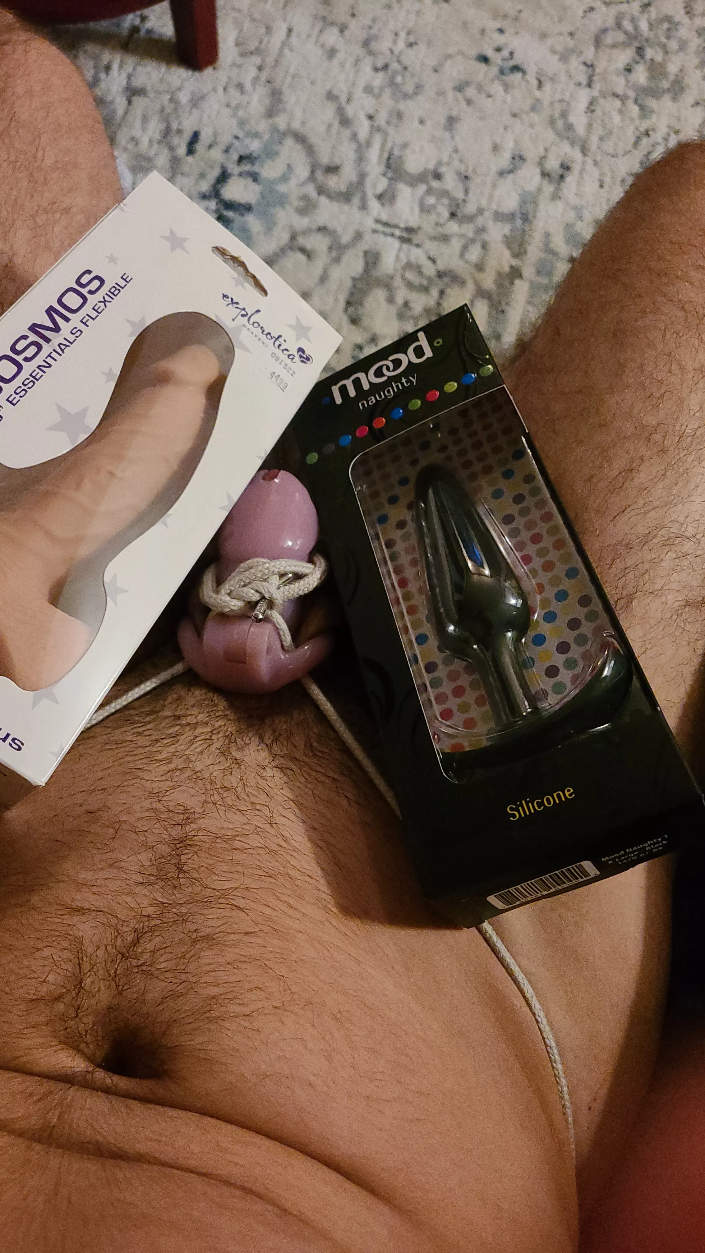 Day 8/? of my first lockup. I am so horny I went out and got a big plug and dildo.. who wants to tell me how to use them? ;)
