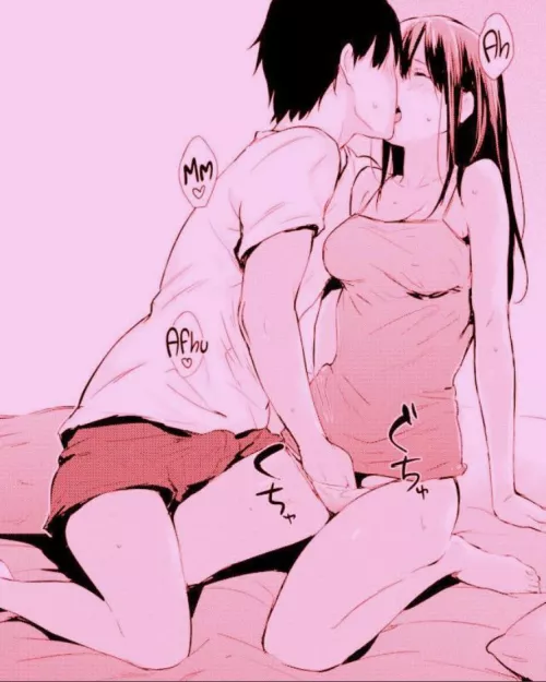 LF Mono Source: “Ah”. “Mm” “Afhu” 1boy, 1girl, french kissing, black hair, white t-shirt, shorts, erection, fingering, panties, tank top, bed