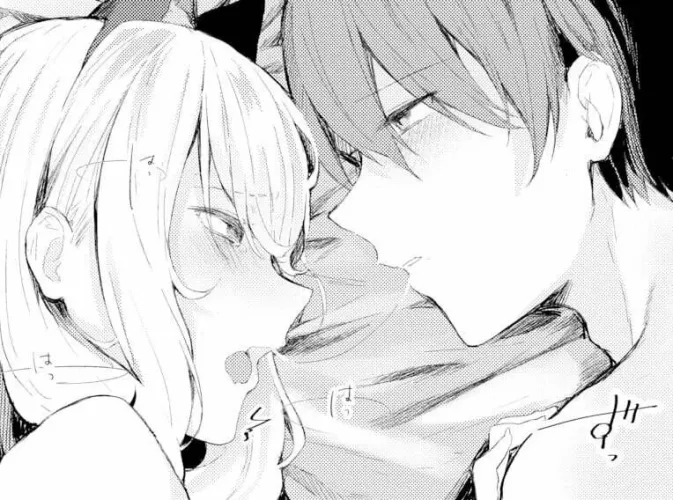 Mono: 1girl, 1boy, from above, lying on bed, after kissing, saliva, open mouth, ears, white hair, blushing, half-close eyes, tear, shoulder, hand on shoulder