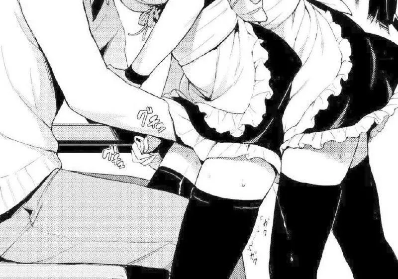 Mono: 2girls, 1boy, sitting, maids, stockings, fingering pussy, foreign sfx, grabs a hand