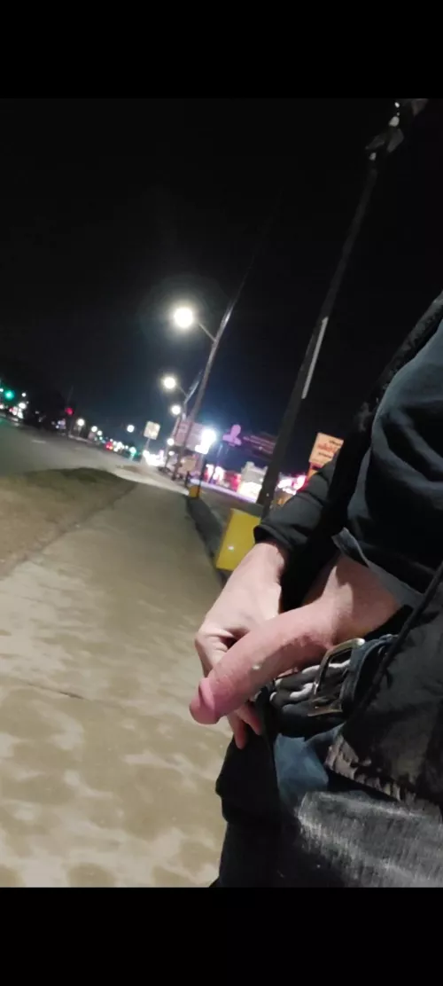 Standing by the main road with my semi hard cock exposed