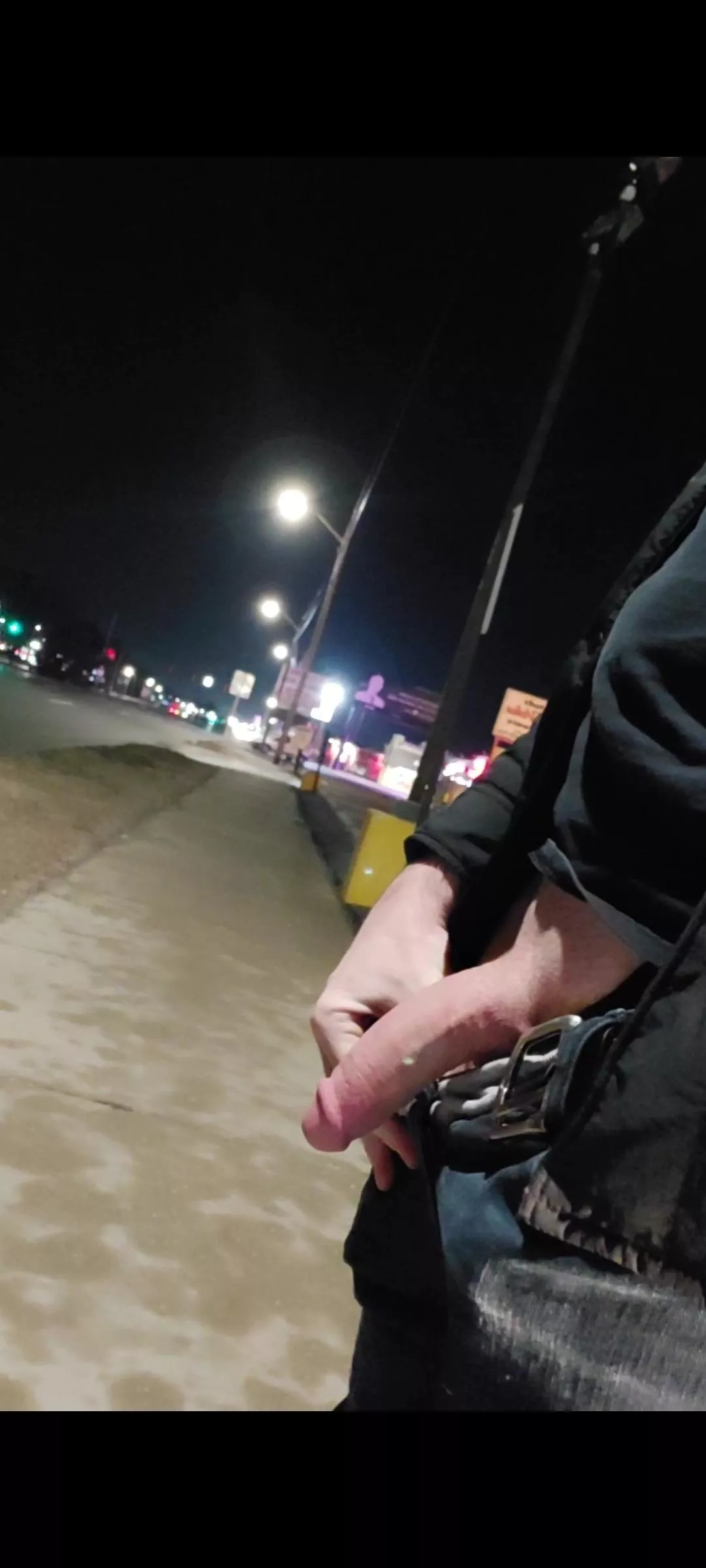 Standing by the main road with my semi hard cock exposed