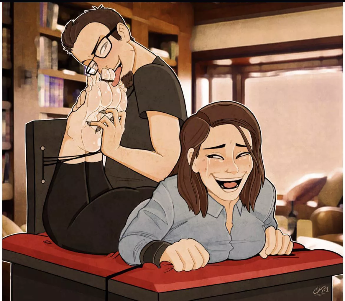 The sly smile as he goes to work on her toes