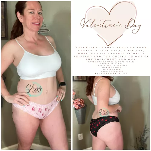 Valentines Special! My holiday specials are always a hit! Pick any Vday panty and get 2 days wear, a pic set, priority shipping and the add on of your choice for $40. Dm me for my drawer and to snag yours.[selling][usa]