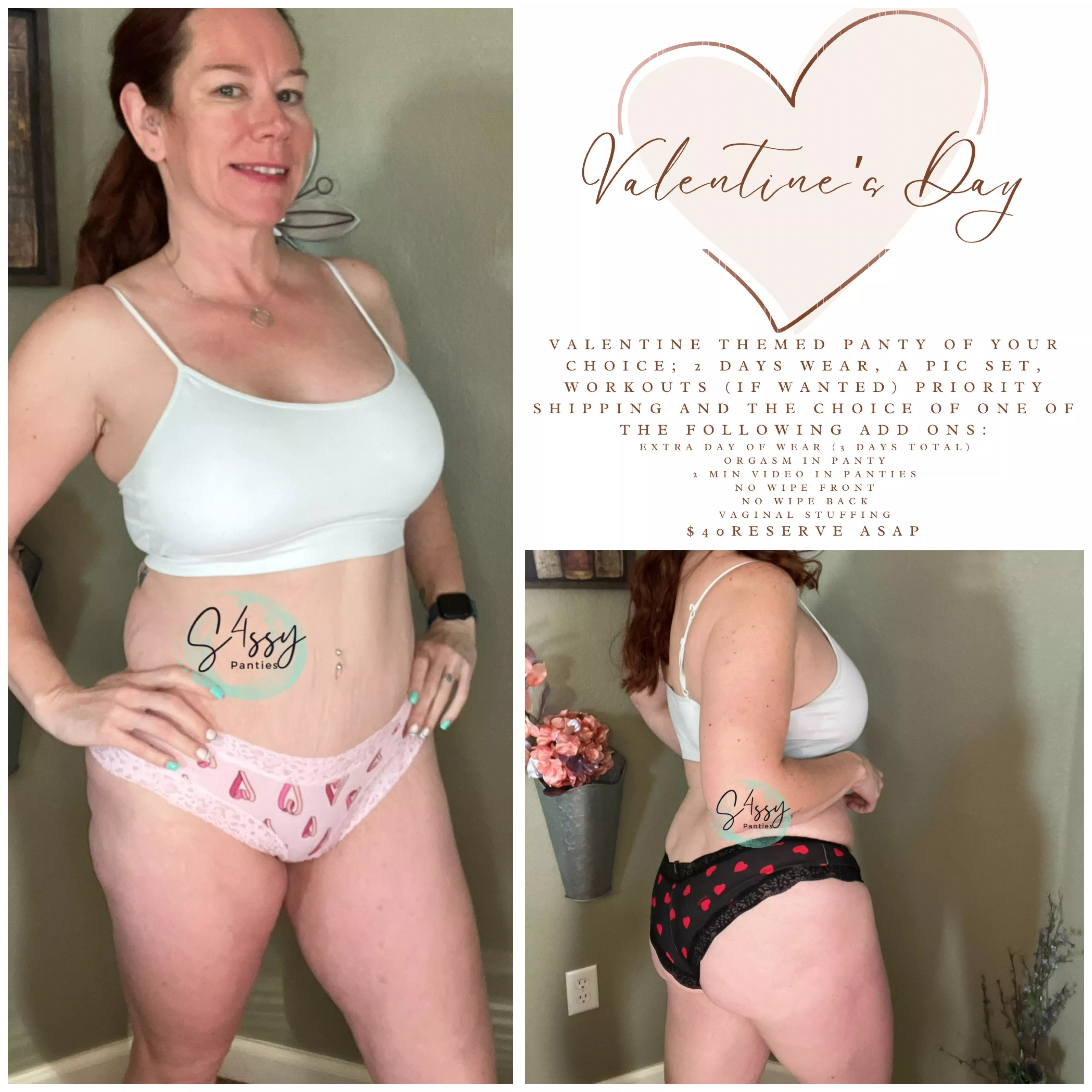 Valentines Special! My holiday specials are always a hit! Pick any Vday panty and get 2 days wear, a pic set, priority shipping and the add on of your choice for $40. Dm me for my drawer and to snag yours.[selling][usa]