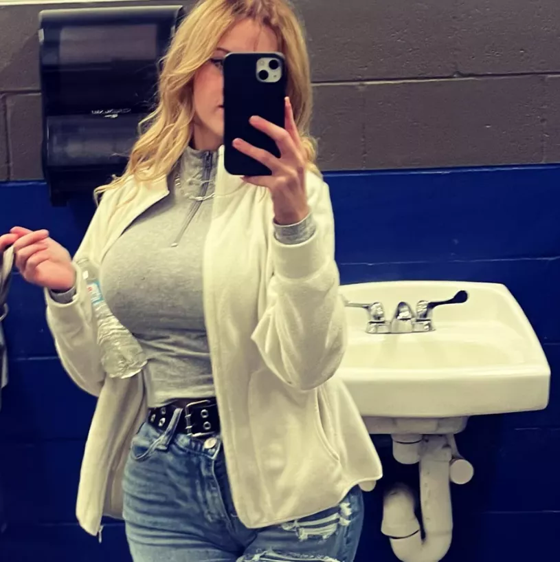 Busty in a public bathroom
