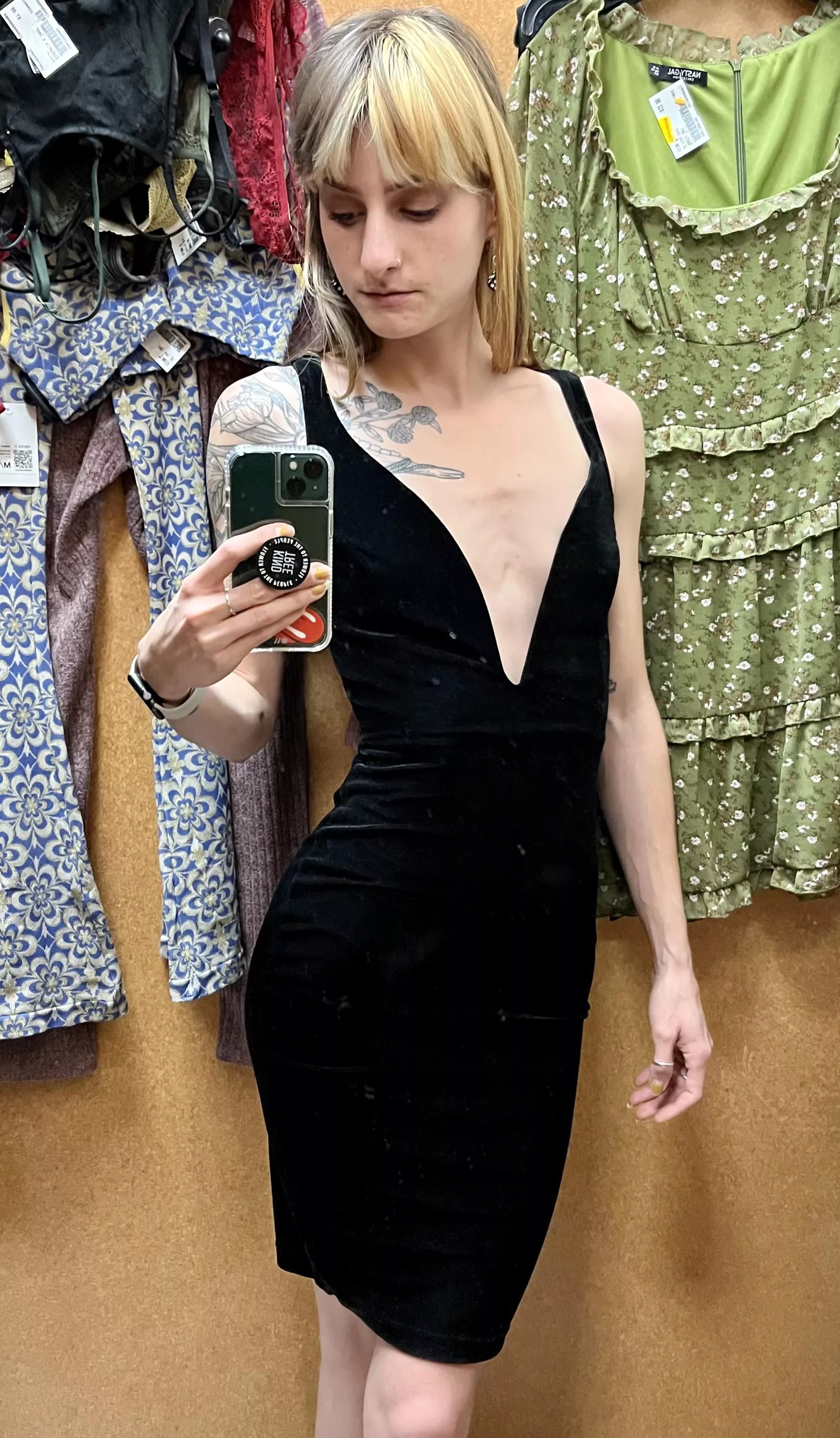 Got this plunging velvet LBD