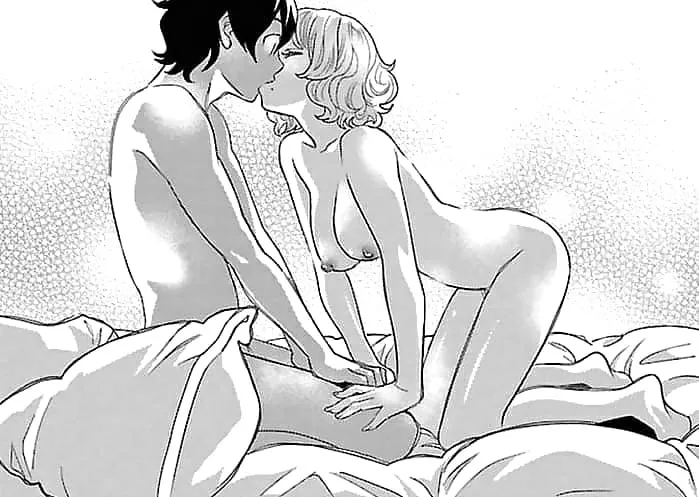 LF Mono Source: 1boy, 1girl, black hair, blonde / white hair, short hair, ear, large breasts, nipples, kneeling, hands on own thighs, hands on another's thighs, nude, dark skin (?), on bed, pillow, feet, eyes closed, tongue kiss/french kiss, collarbone,
