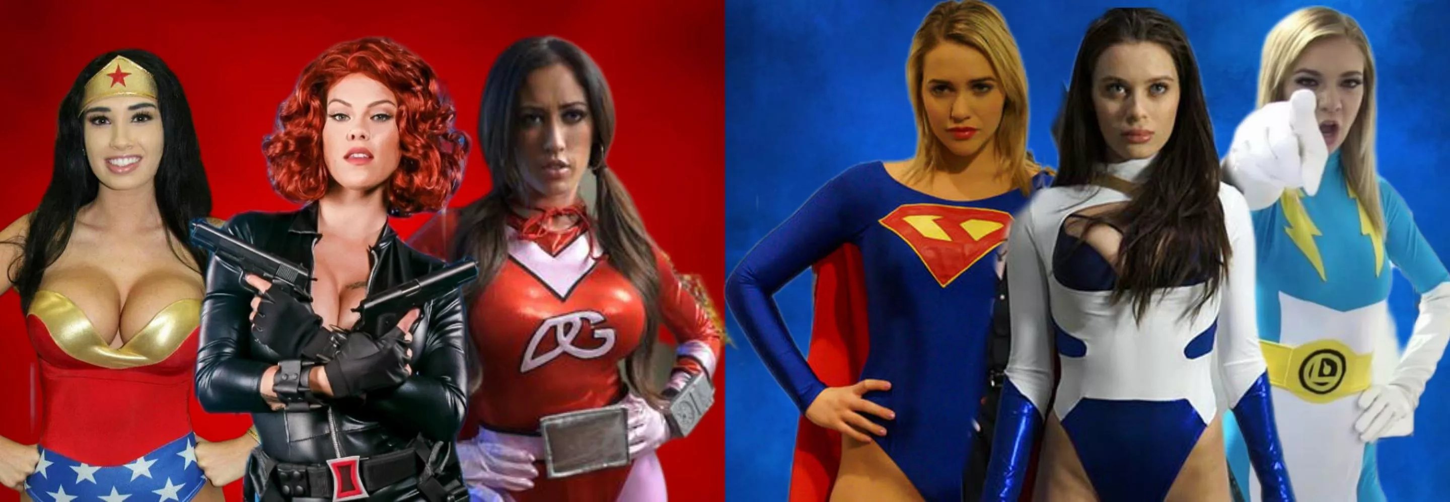Red Team [Wonder Woman Paris Dylan, Black Widow Peta Jensen, Electra Woman Capri Cavanni] Vs Blue Team [Supergirl Mia Malkova, Blue Swan Lana Rhoades, Lightening Lass Tiffany Watson]: Who's your team?
