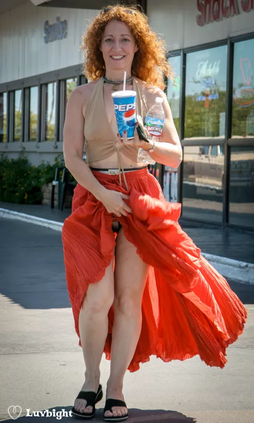 Security is important on a snack run. Dee Luvbight belted and collared in public (2006)