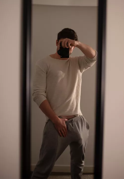 My big white cock outline in my grey sweatpants