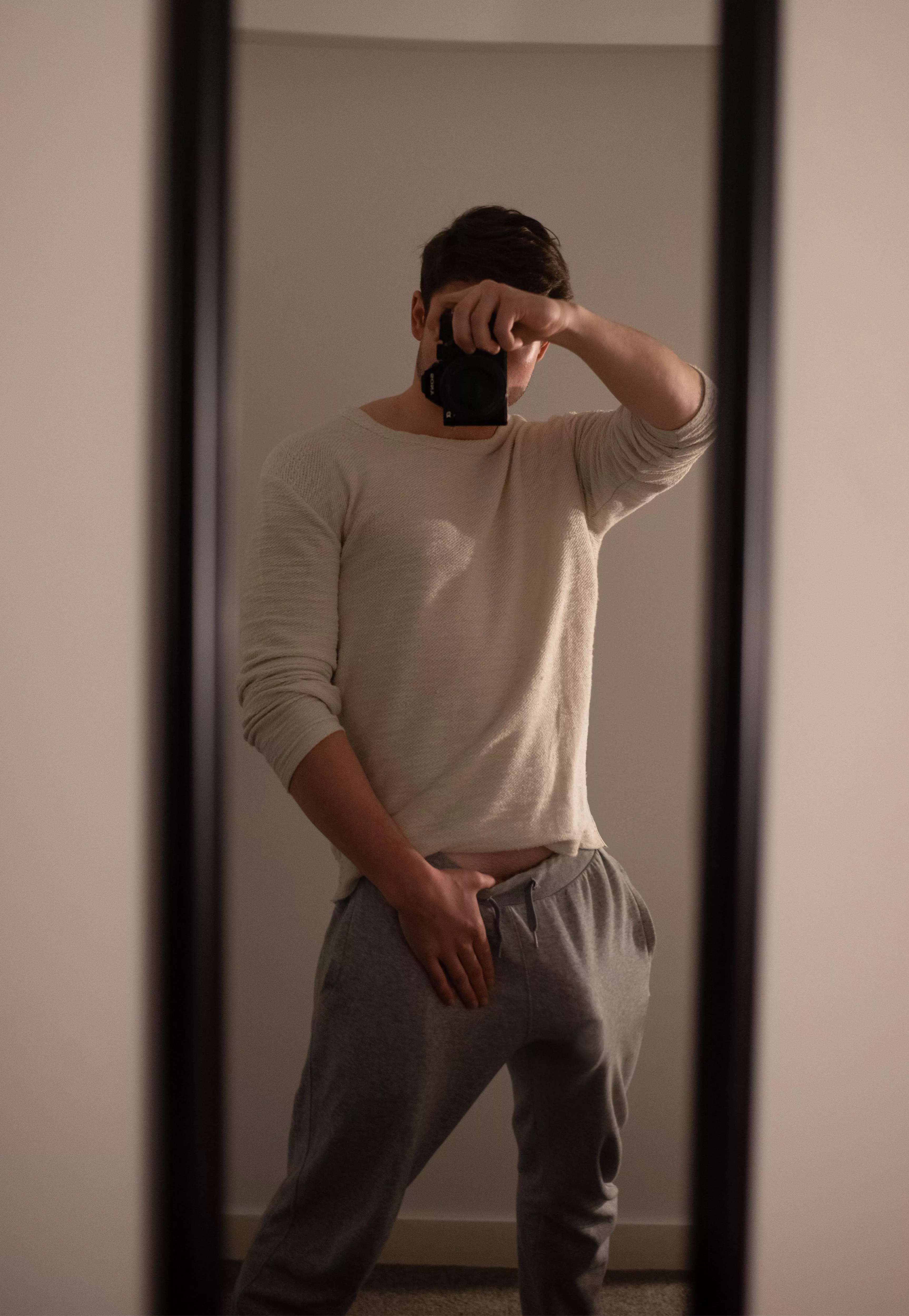 My big white cock outline in my grey sweatpants