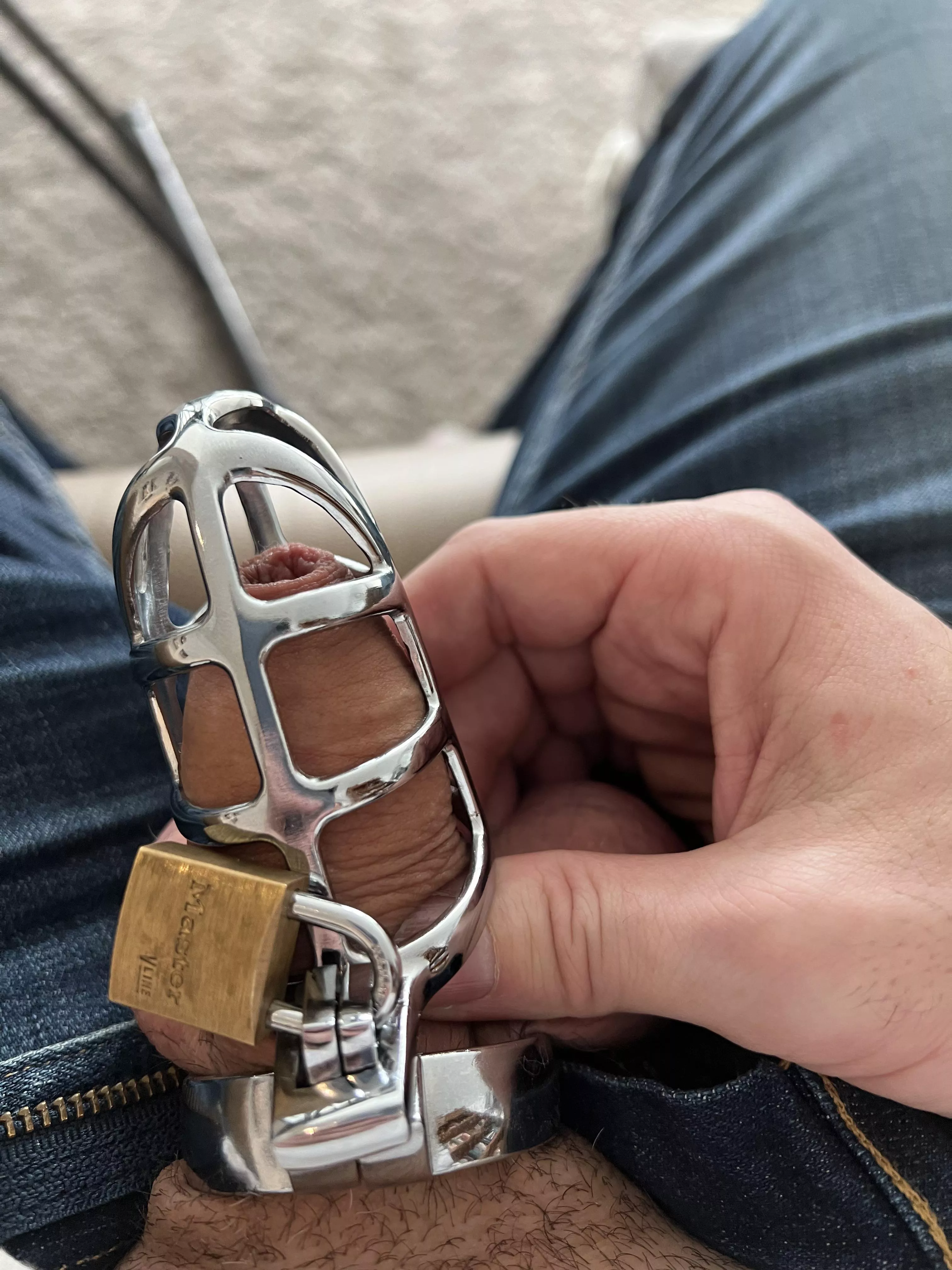 My GF gave me her last last BF’s cage to wear… and it’s huge on me