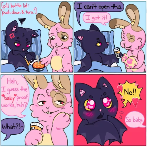 Pill bottles are just impossible to open with wings 💊🦇🐇💕 (a comic by me)