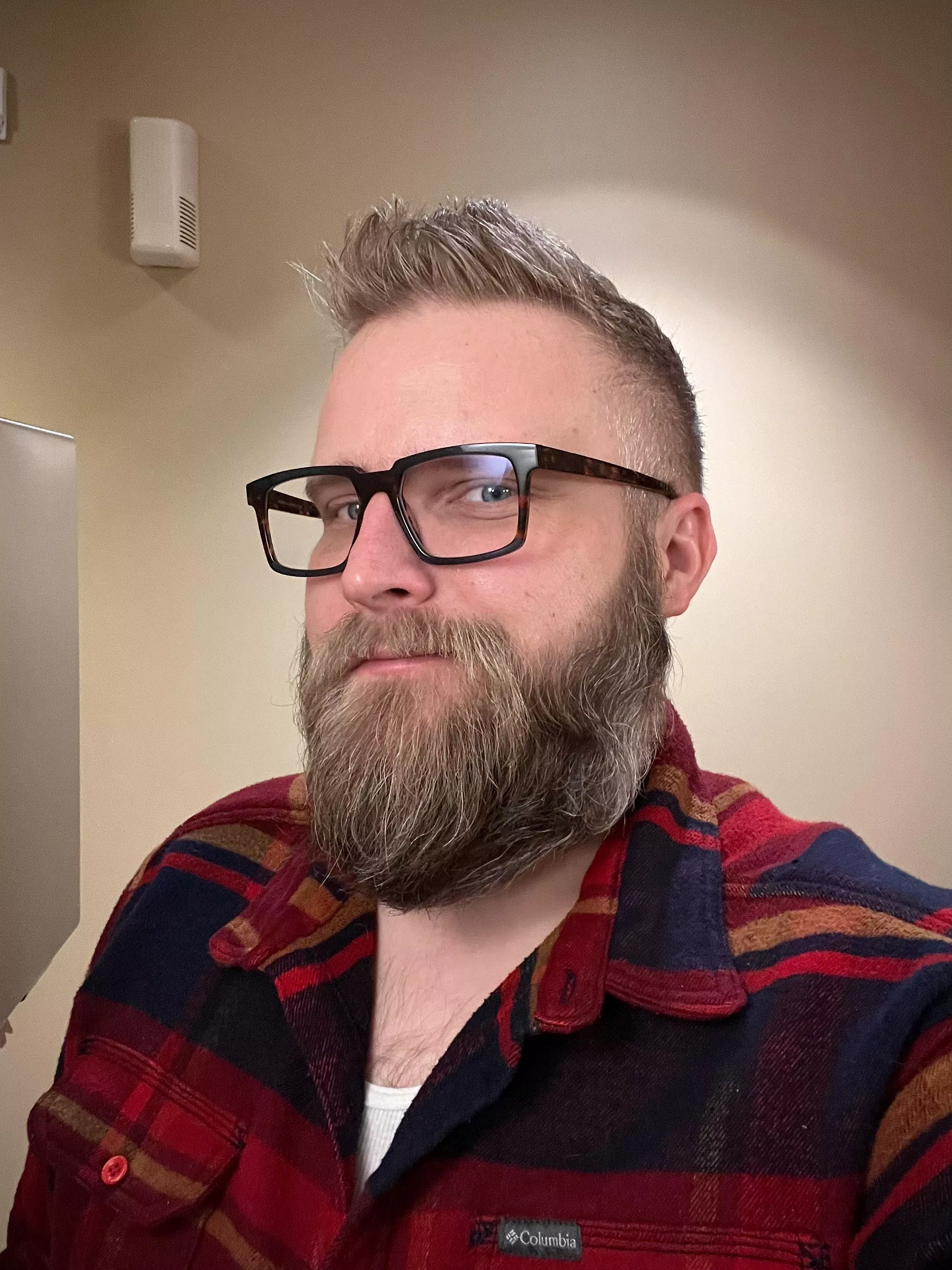 Work bathroom selfie. What do you think of the beard and new glasses?