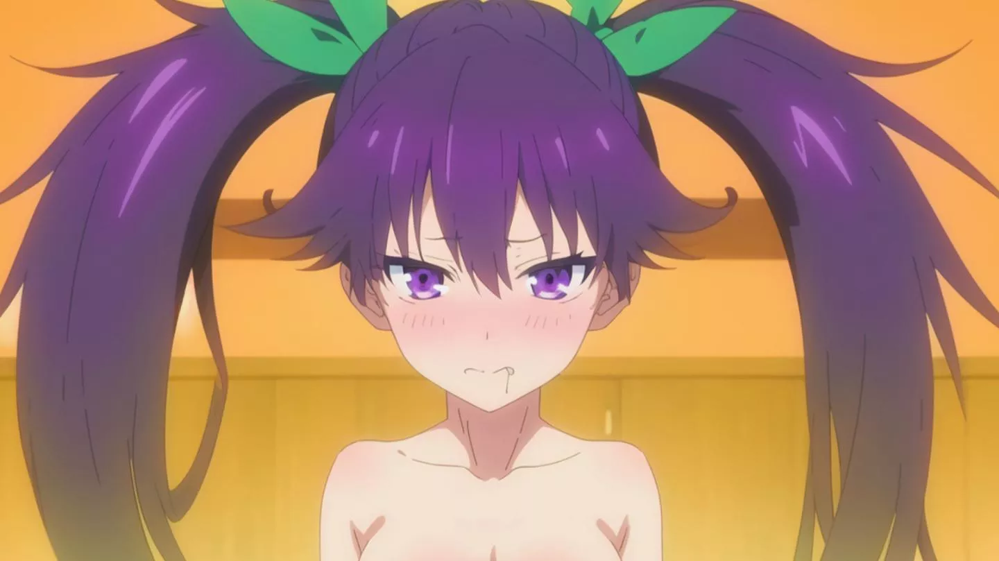 LF Color Source:1girl, purple hair, purple eyes, twintails, blushing, lip bite