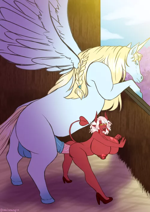 Tiefling girl and alicorn (marinesunspice) (OC)