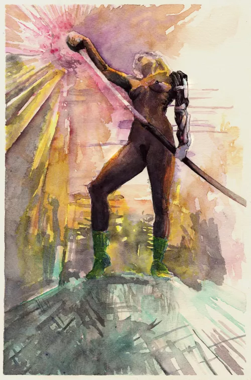 “Brandishing” (watercolor, model u/mrs_kinkybooks)