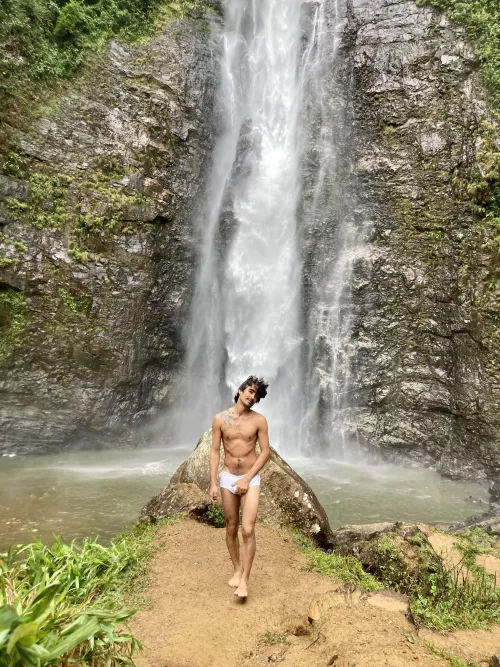 Down to my tighty whities at a tropical waterfall