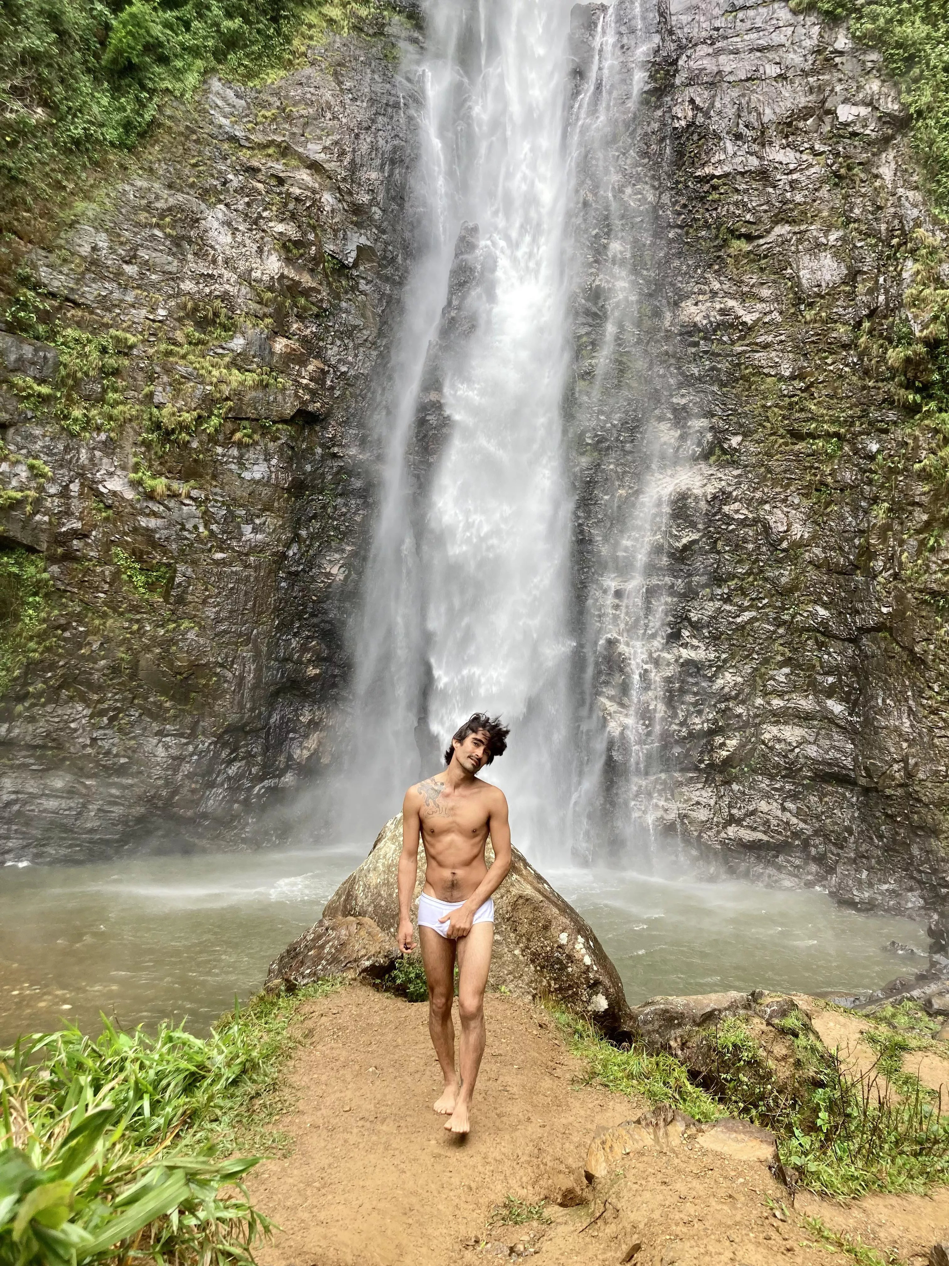 Down to my tighty whities at a tropical waterfall