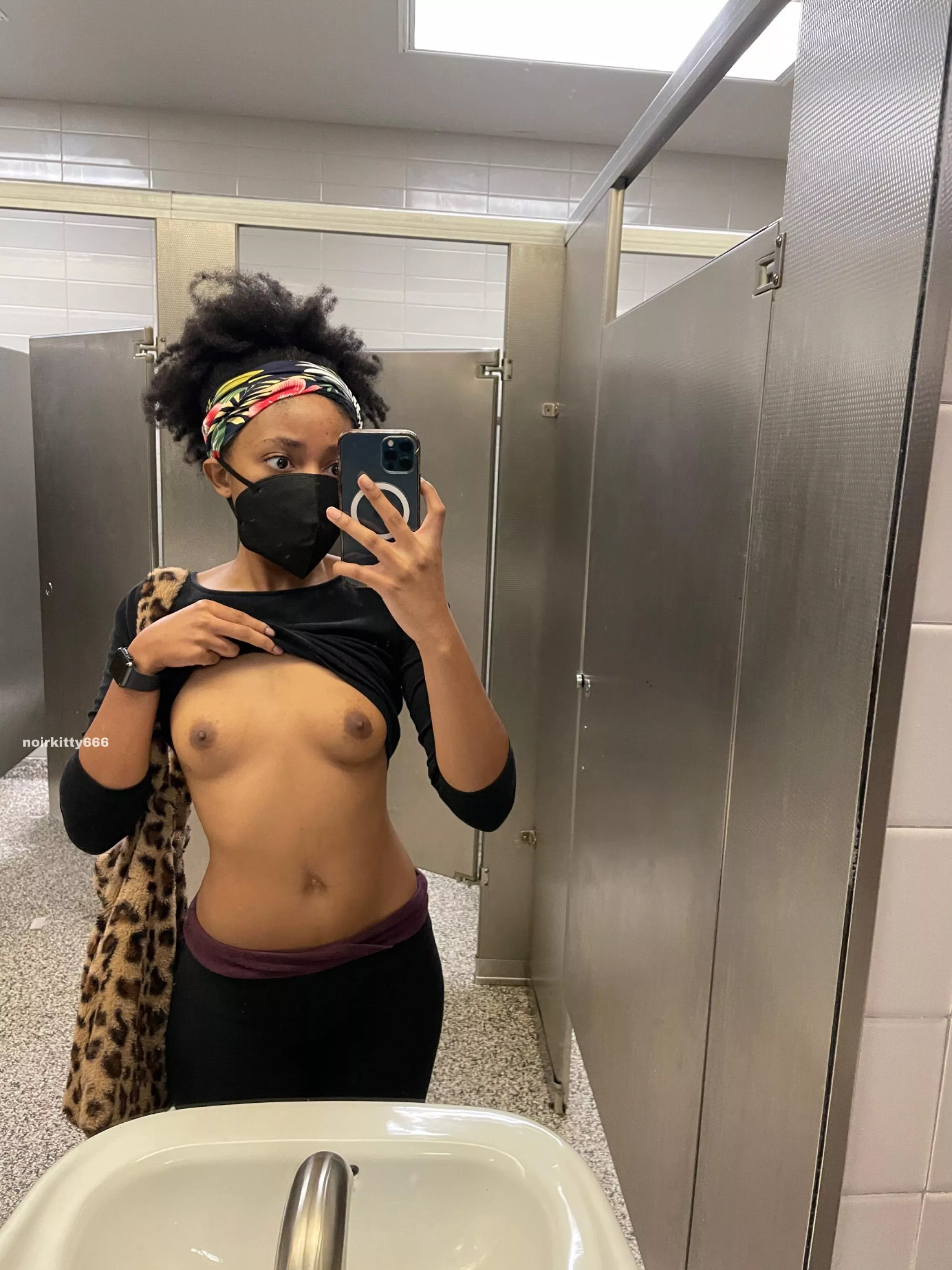 flashing my ebony tits in a public restroom for you