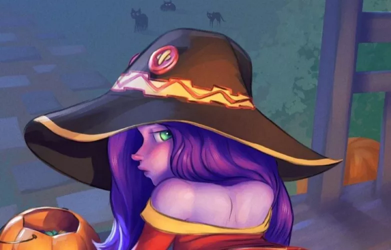 Lf color source: 1girl, hat, purple skin, purple hair, green eyes, Halloween, pumpkin, looking at viewer